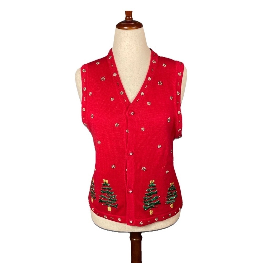 Vintage Cove Creek Christmas Vest Women’s Size Large Cotten Blend Holiday Beaded